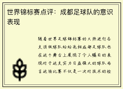 世界锦标赛点评：成都足球队的意识表现