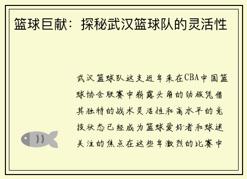 篮球巨献：探秘武汉篮球队的灵活性