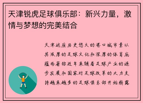 天津锐虎足球俱乐部：新兴力量，激情与梦想的完美结合
