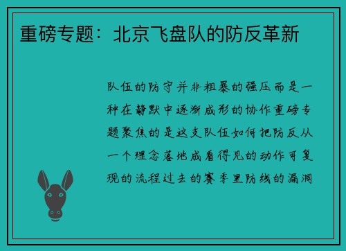 重磅专题：北京飞盘队的防反革新